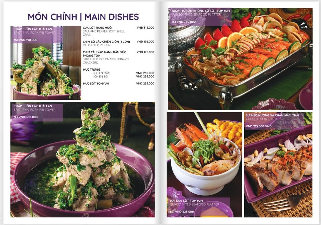 Trang menu món chính nhà hàng Thái in ảnh món thực tế và giá